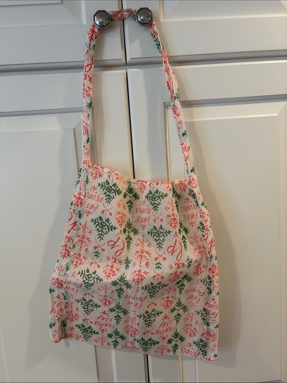 Free People Cream Tote with Green & Red Botanical Motif
